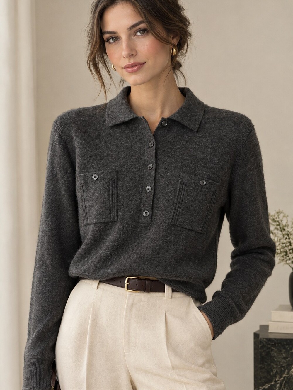 Quiet Luxury Dark Academia Banana Republic Charcoal Grey LongSleeve Polo Sweater